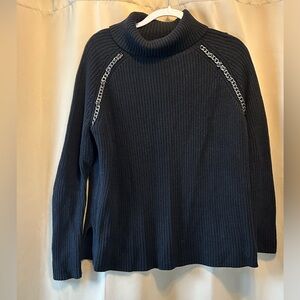 Elliott Lauren Navy Ribbed Turtleneck Sweater with Chain Trim